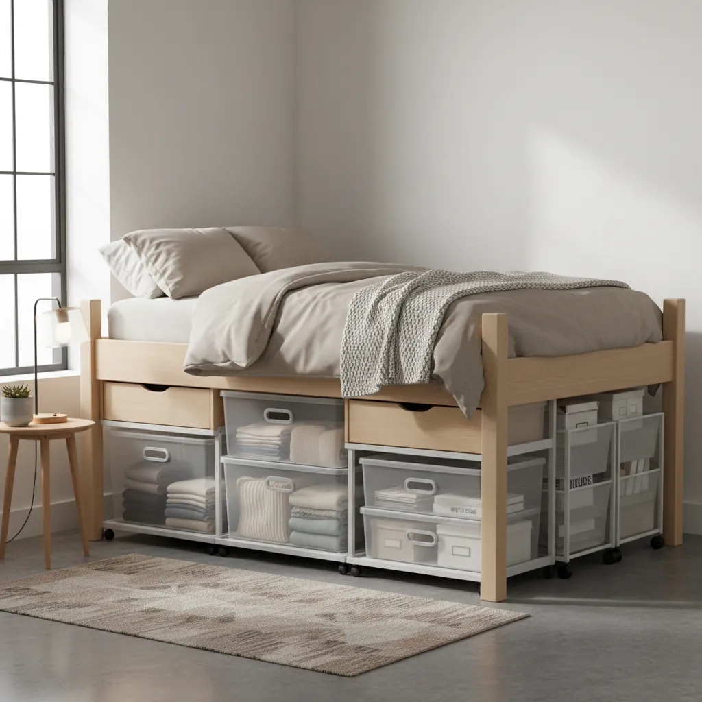 clear storage bins and drawers organized under a dorm bed