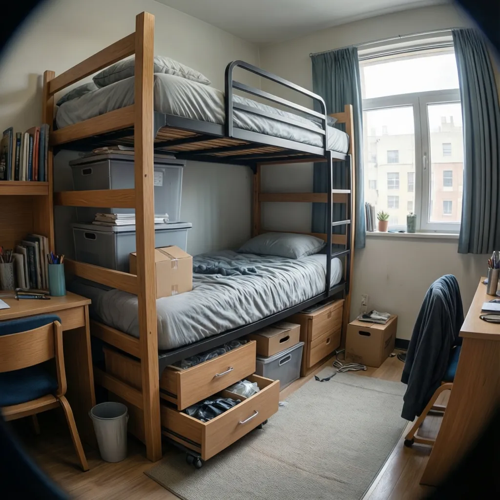 college dorm bed lofted with storage bins and drawers underneath