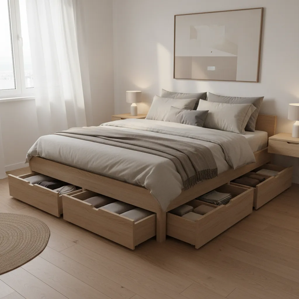 Platform bed with built-in drawers for under bed storage