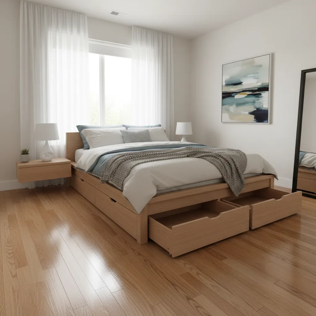 Platform bed with pull out storage drawers underneath