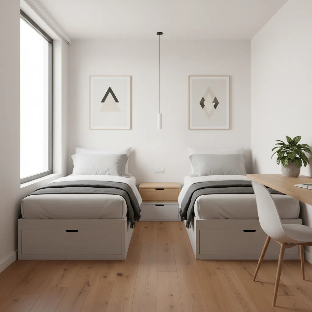 Twin beds with under bed storage drawers in a compact bedroom