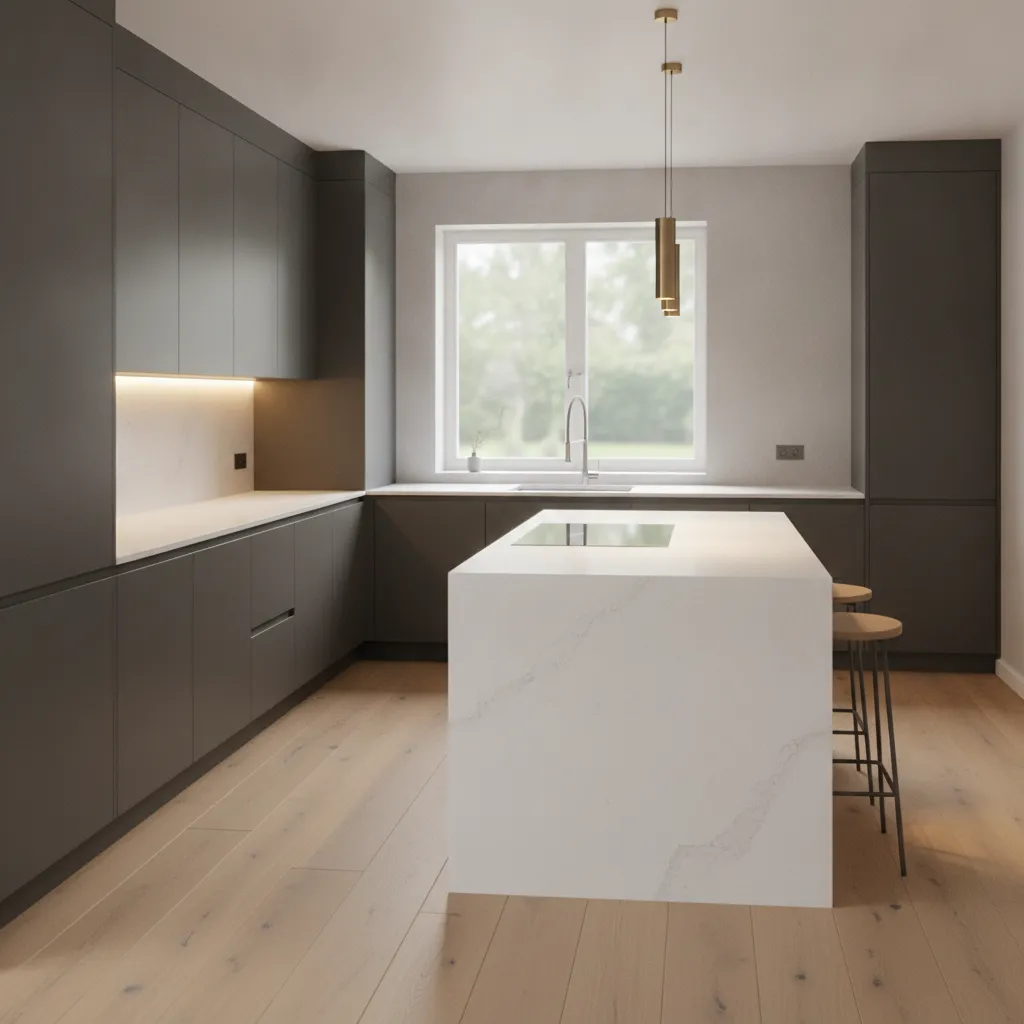 Modern kitchen with under cabinet LED lighting illuminating countertop
