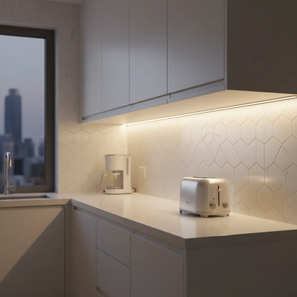 Under cabinet LED strip lighting illuminating kitchen backsplash and countertop