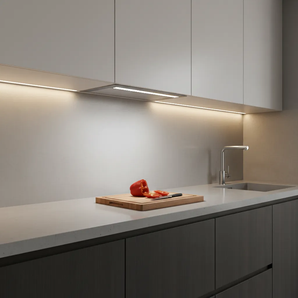 under cabinet LED strip lighting illuminating kitchen countertop workspace
