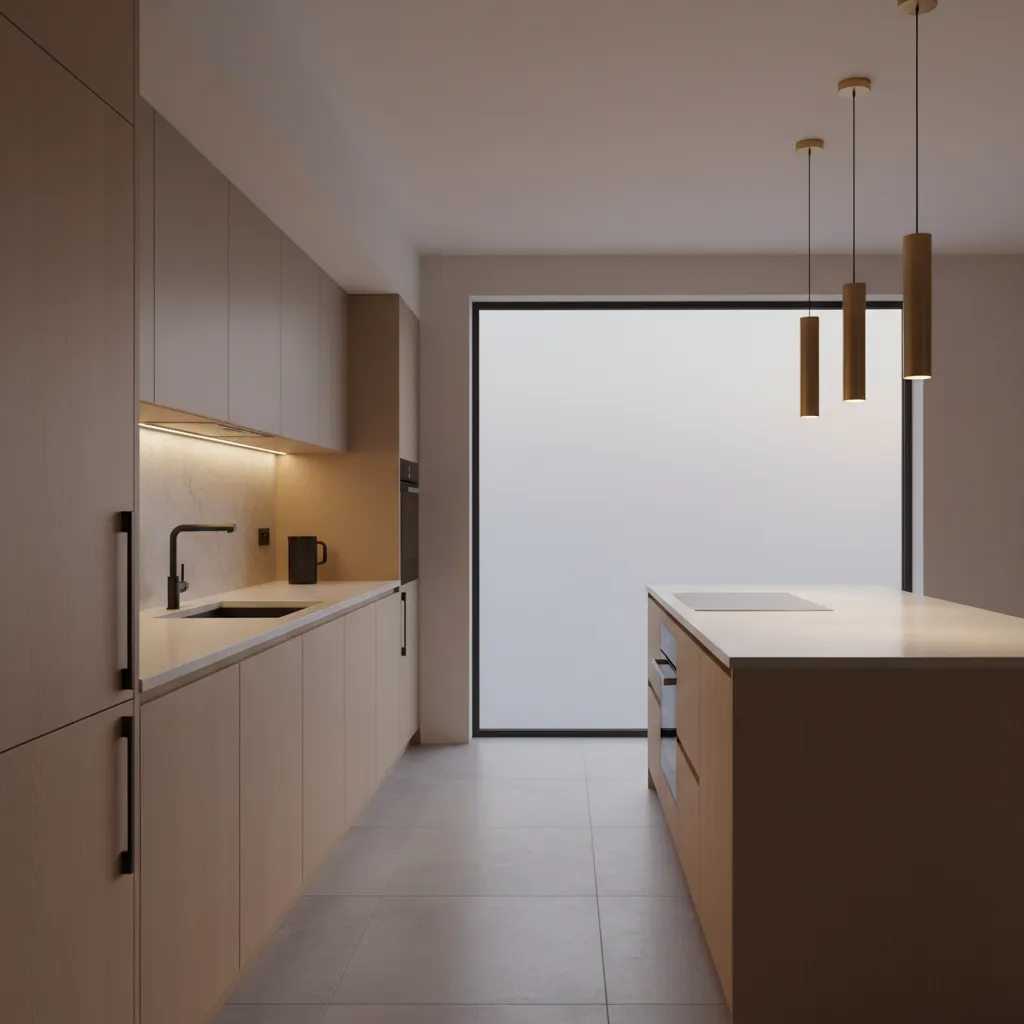 kitchen with LED strip lighting installed under cabinets illuminating countertop workspace