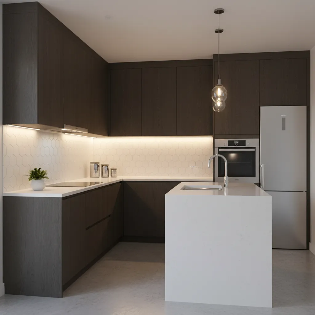 Under cabinet LED lighting illuminating countertop in small kitchen