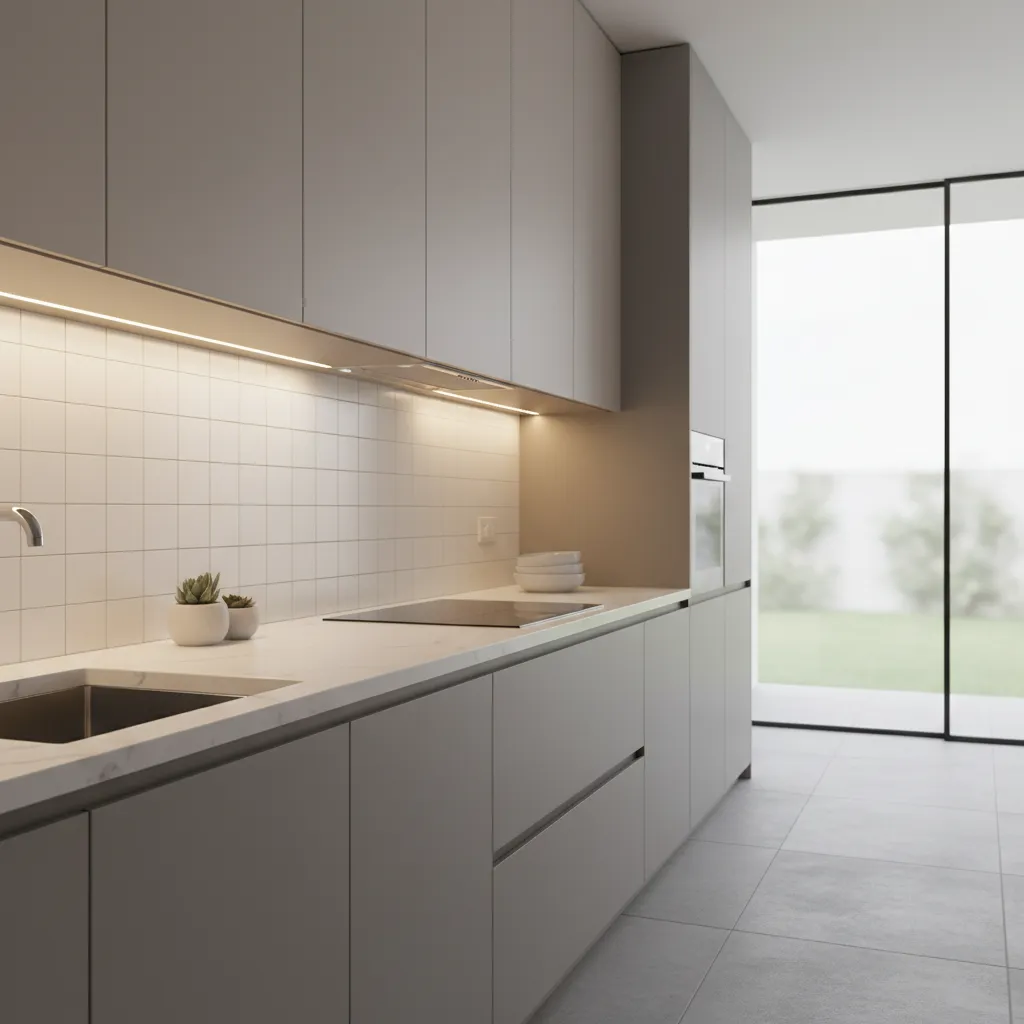 LED strip lights installed under kitchen cabinets illuminating countertop workspace