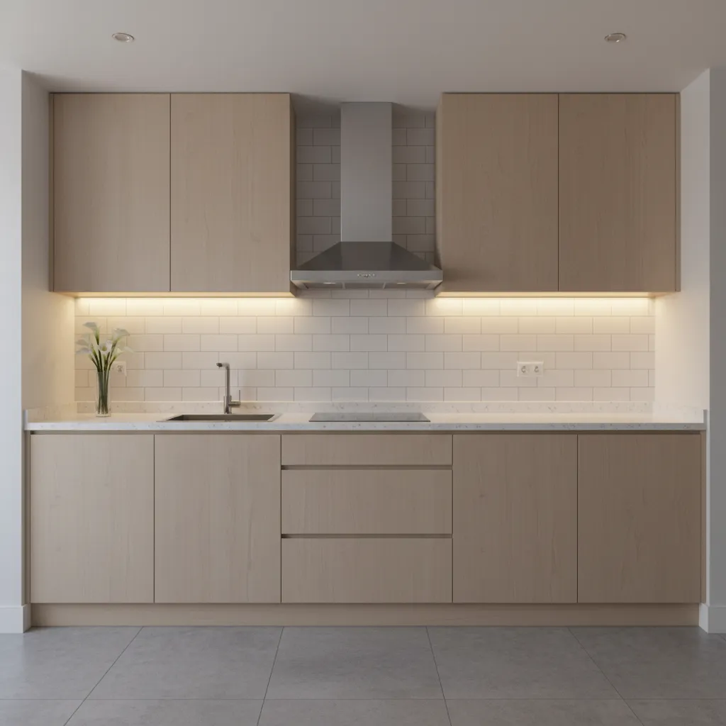 Under cabinet LED strip lighting illuminating kitchen countertop workspace