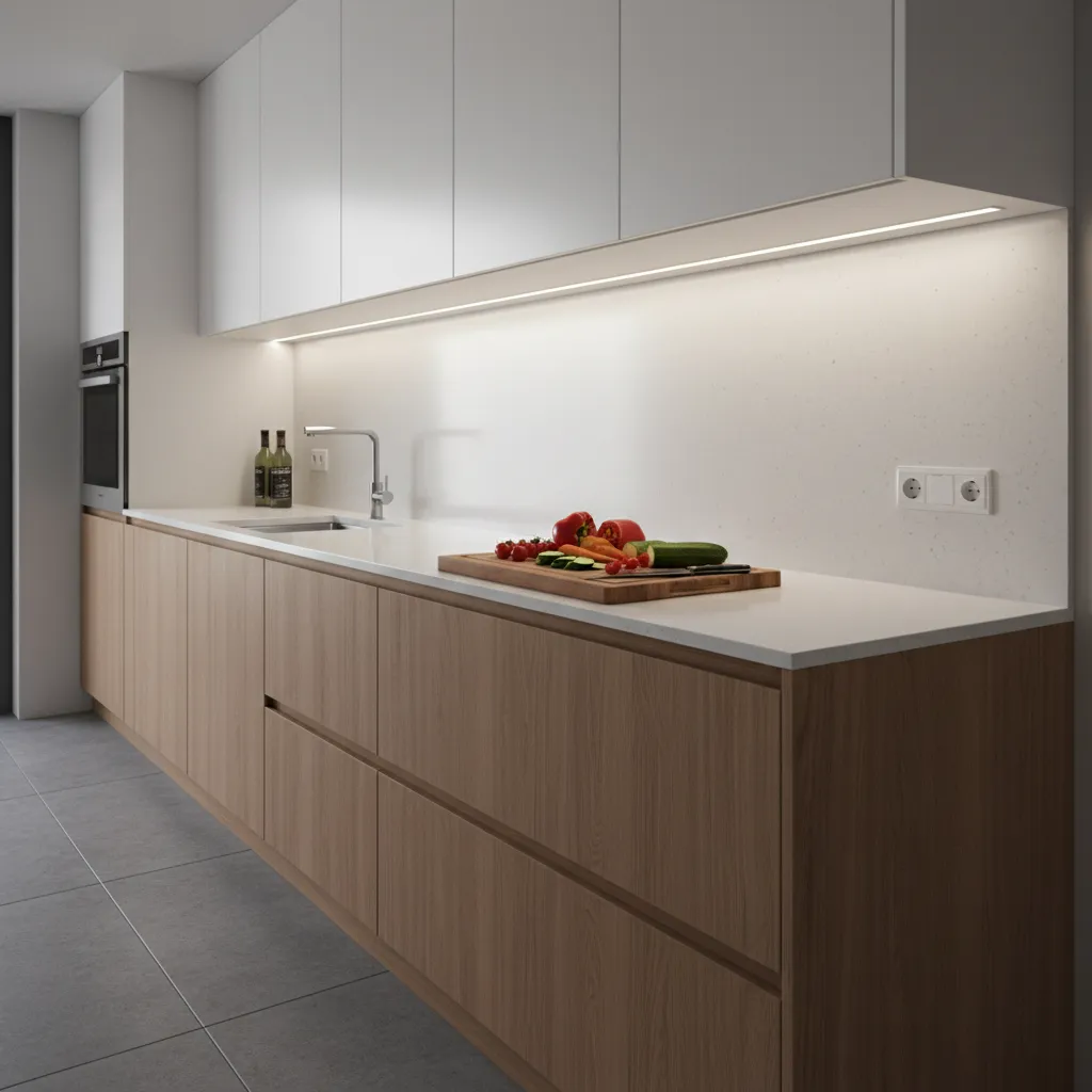 Under cabinet LED strip lighting illuminating kitchen countertop workspace
