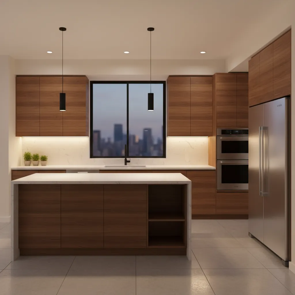 Kitchen with brown cabinets and under cabinet LED lighting illuminating quartz countertop