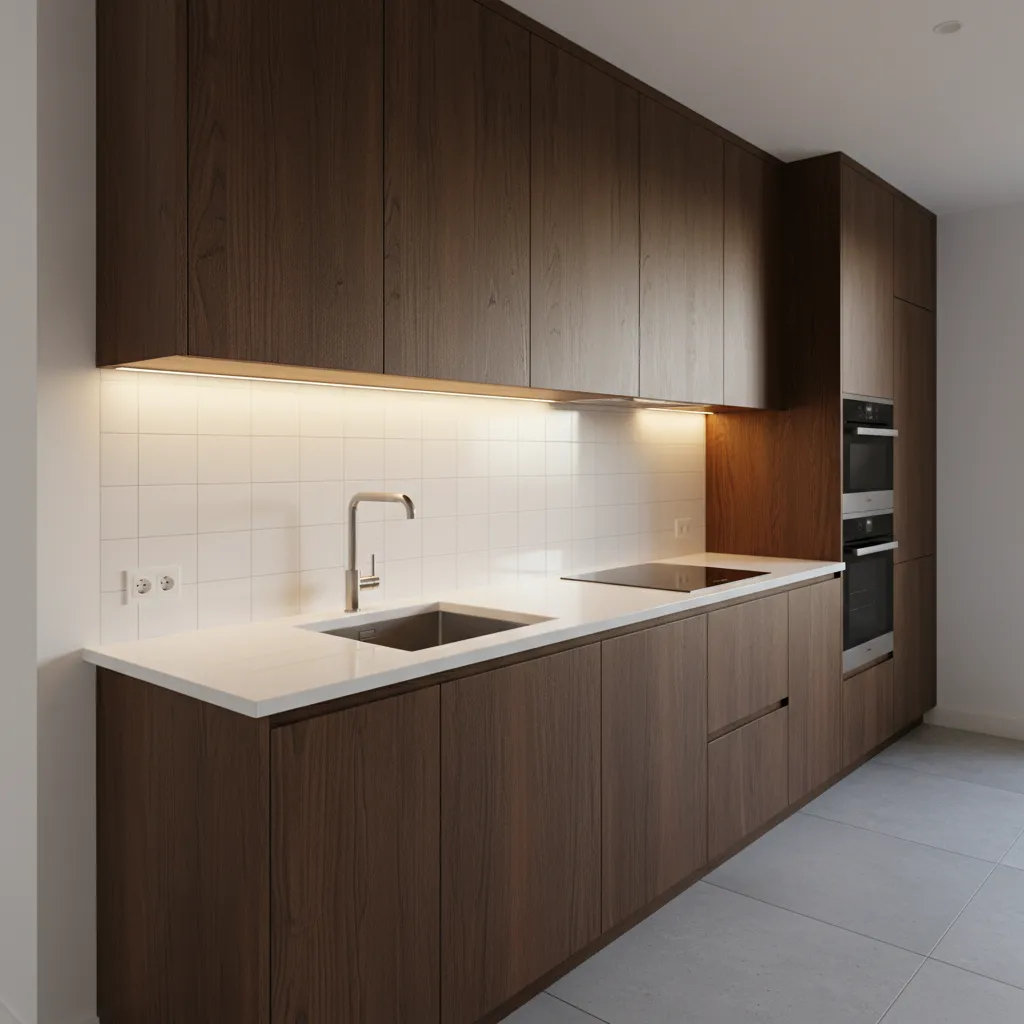 LED under cabinet lighting highlighting kitchen countertops beneath brown cabinets