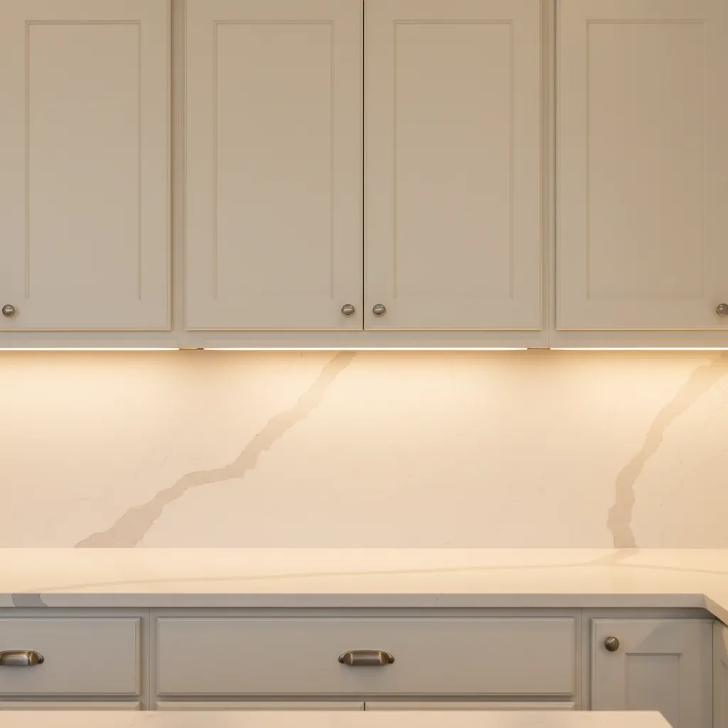 LED under cabinet lighting illuminating countertop beneath cream cabinets