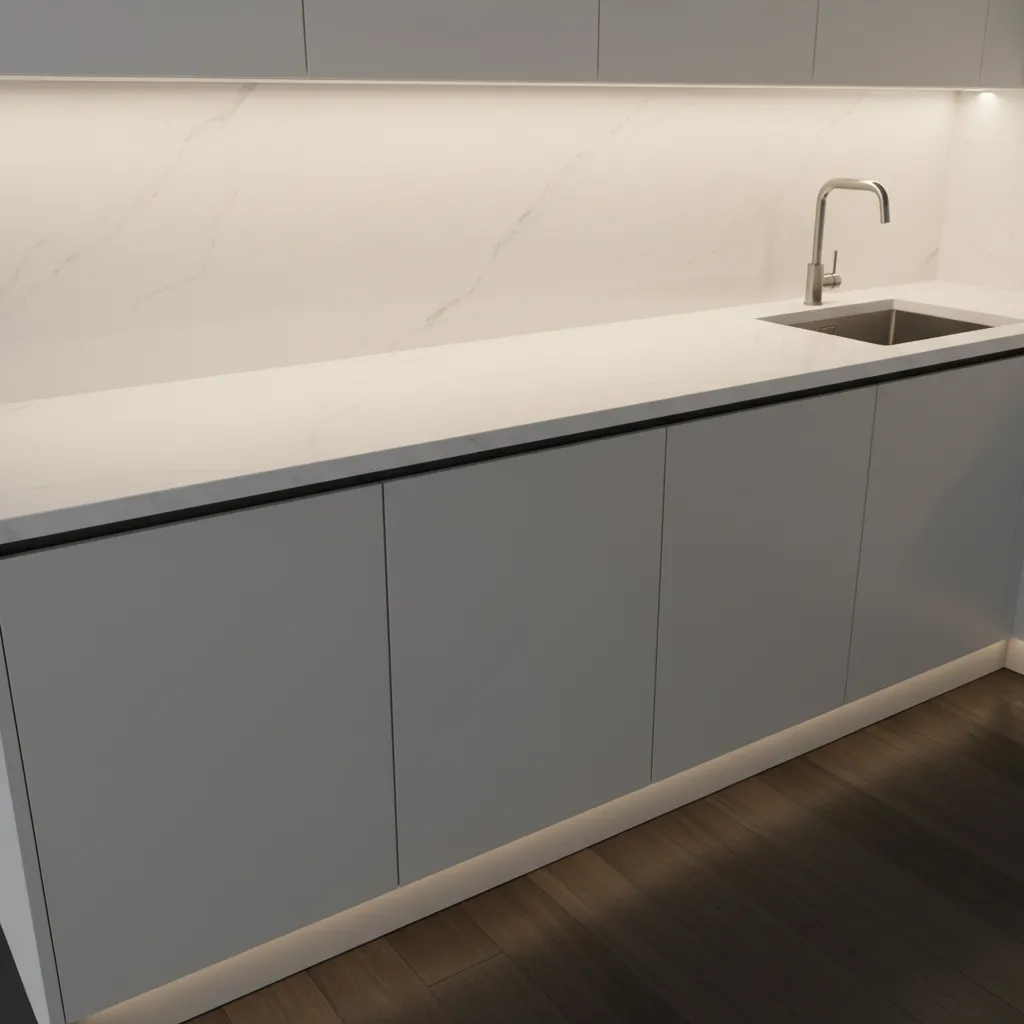 under cabinet LED lighting illuminating countertops above dark kitchen flooring