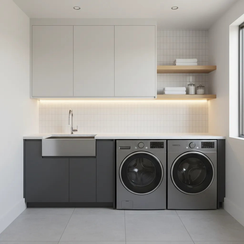 laundry room with LED under cabinet lighting above washer and counter