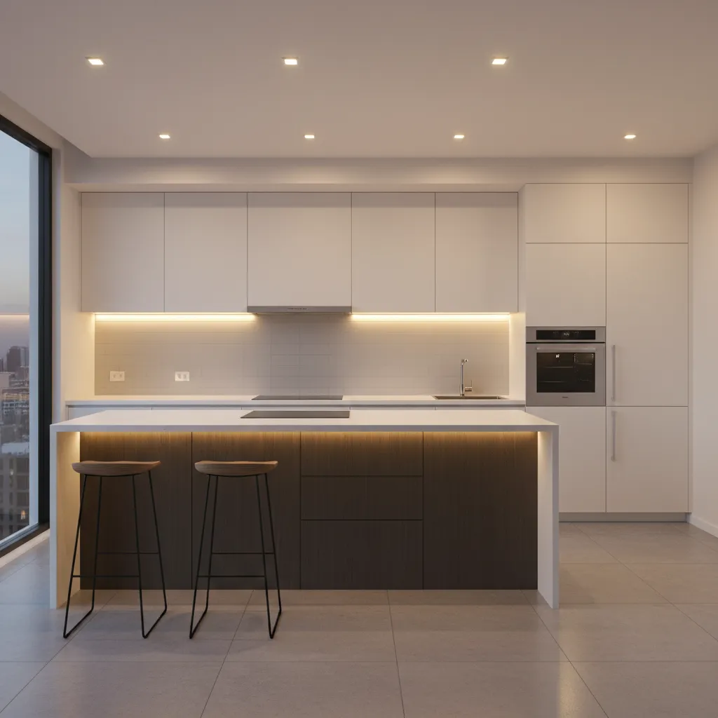 Modern apartment kitchen with under cabinet lighting