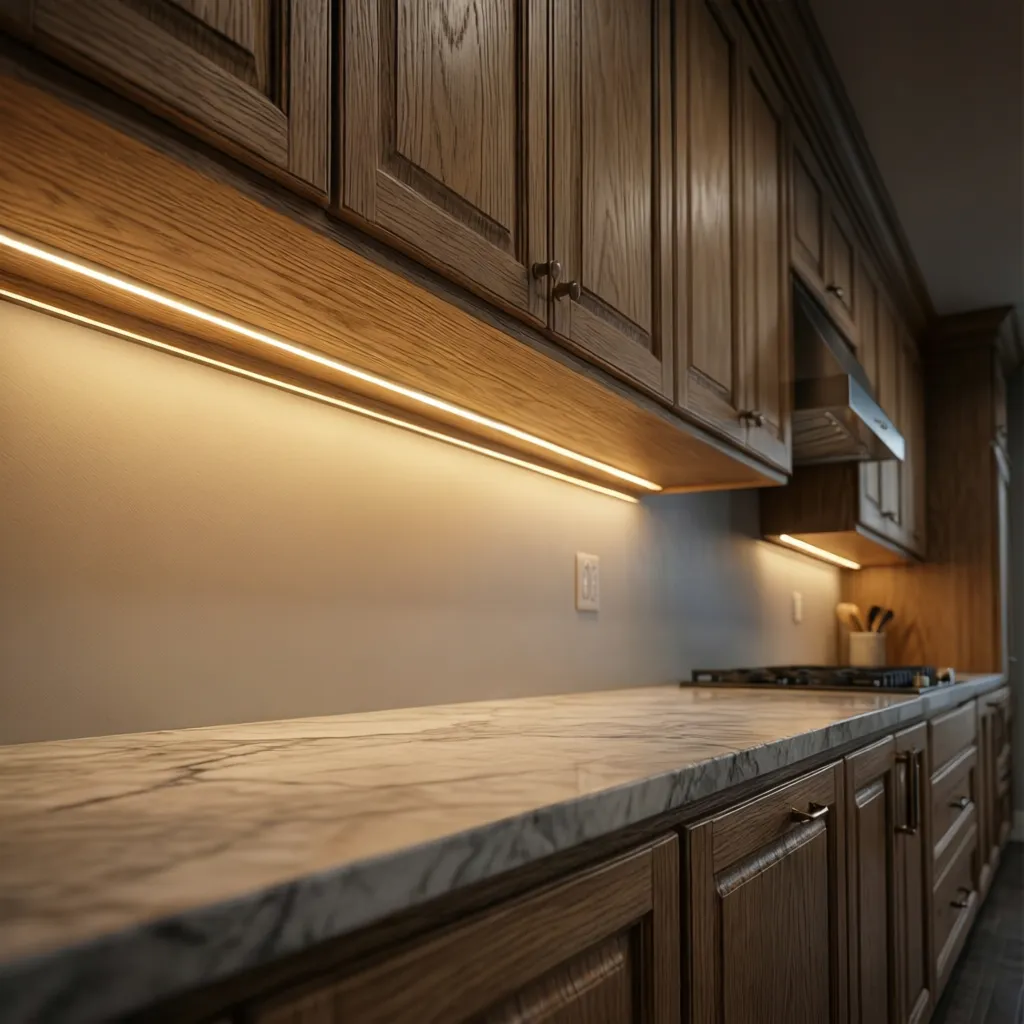 LED under cabinet lighting highlighting wood grain of white oak cabinets