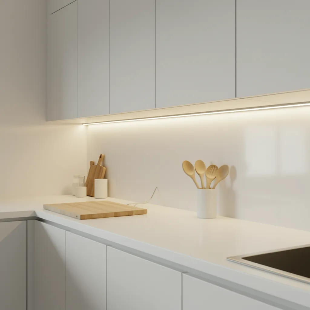 LED under cabinet lighting illuminating modular kitchen countertop