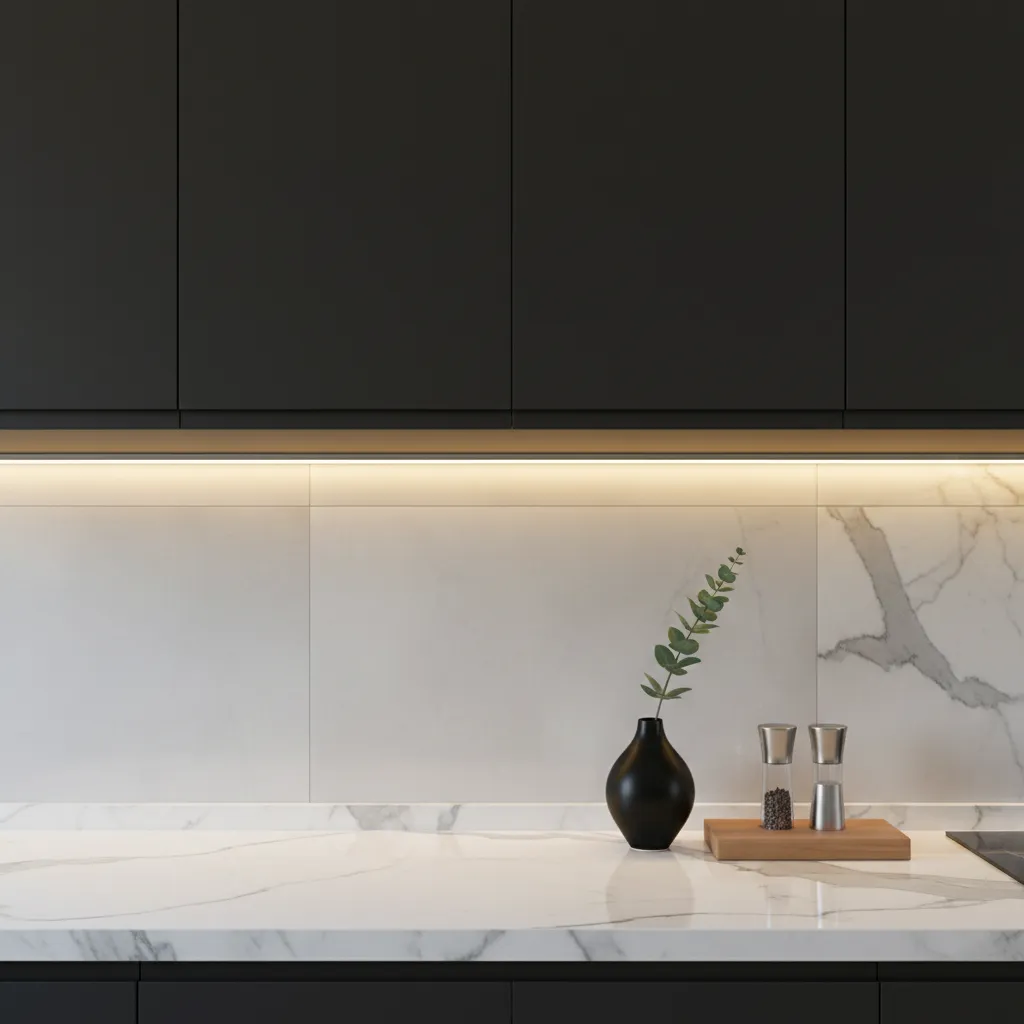 modern kitchen countertop illuminated by under cabinet LED strip lighting