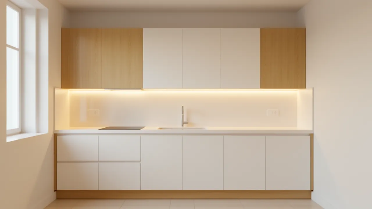 Small kitchen with bright under cabinet LED lighting illuminating countertops