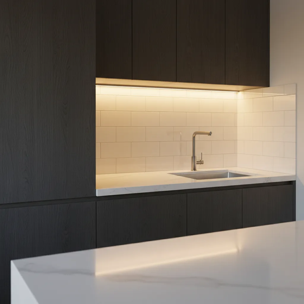LED under cabinet lighting illuminating kitchen countertop