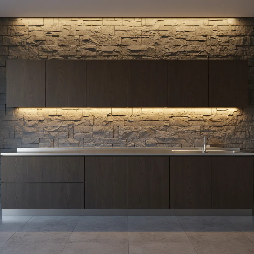 under cabinet lighting highlighting natural stone backsplash texture