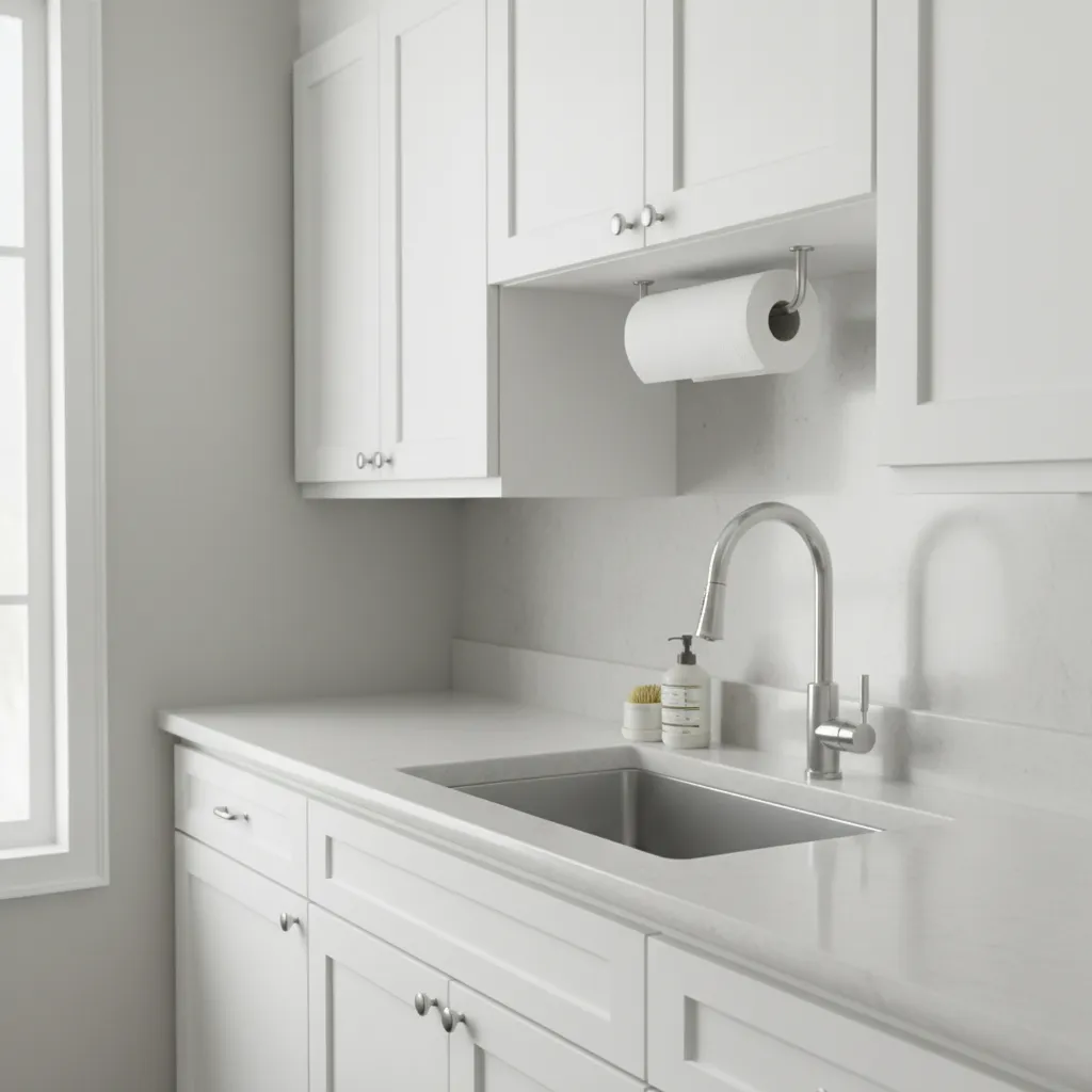 under cabinet wall mounted paper towel holder near kitchen sink
