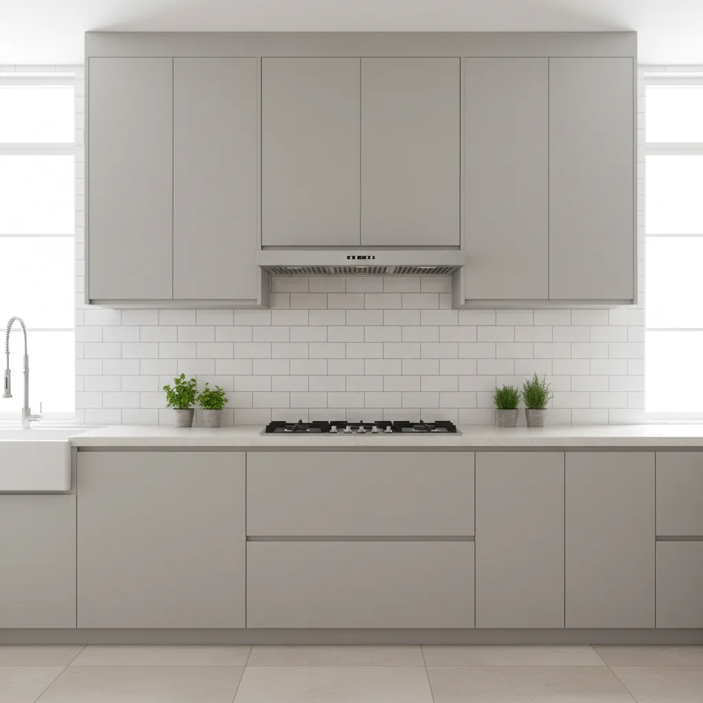 Example of stainless steel under cabinet range hood installed beneath kitchen wall cabinet