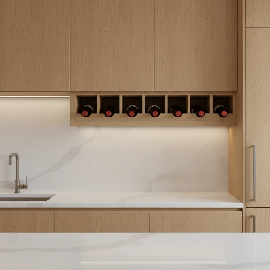 Under cabinet wine rack storing bottles beneath kitchen cupboards