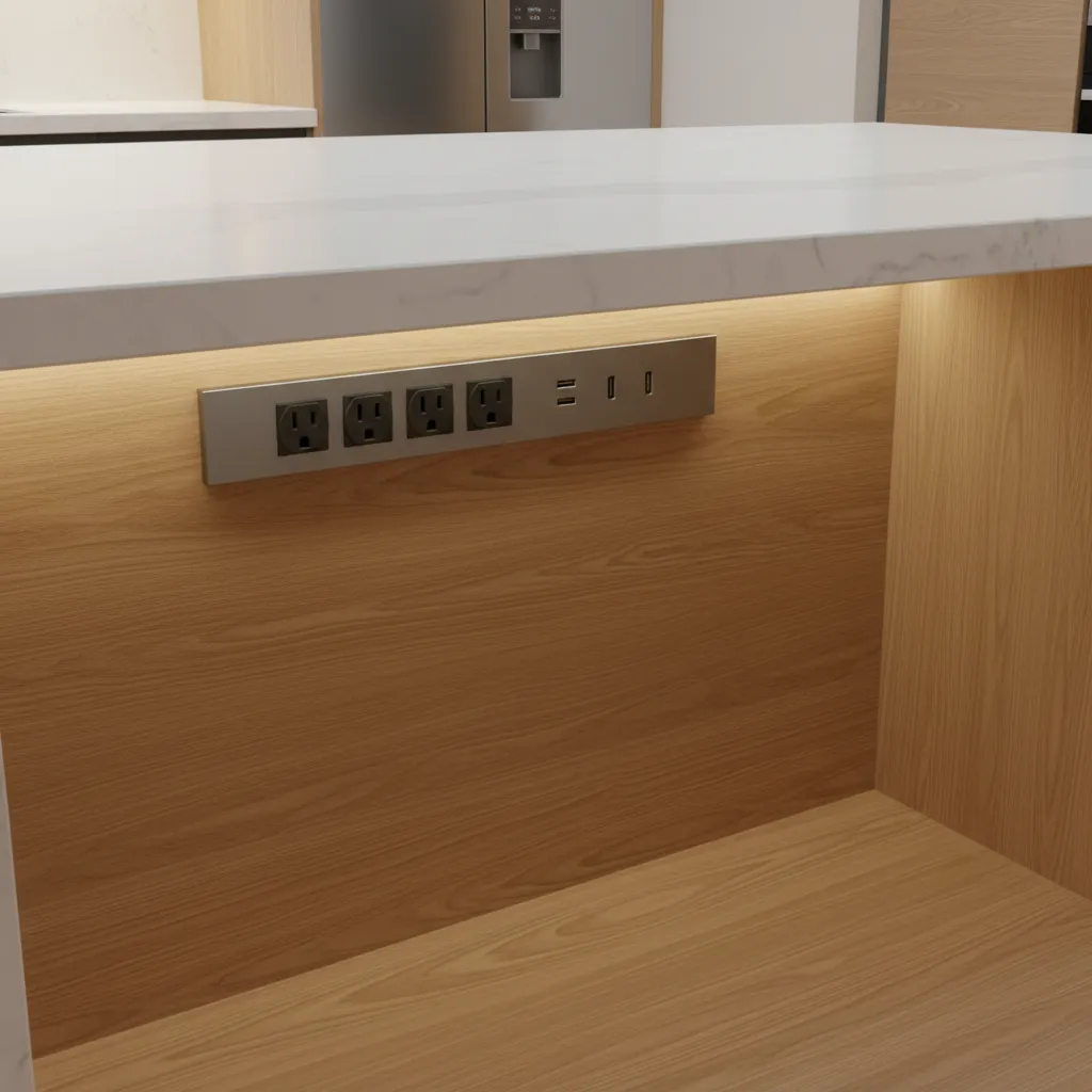 Hardwired outlet strip installed under a kitchen island countertop