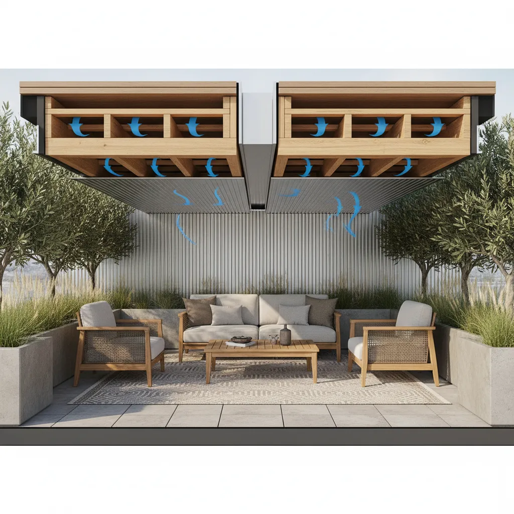 diagram style visualization showing airflow movement under deck ceiling ventilation gaps