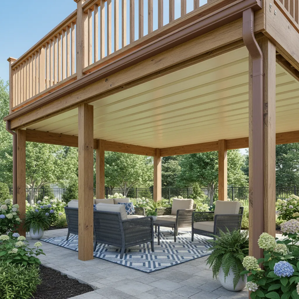 overview of under deck ceiling drainage panels attached beneath deck joists