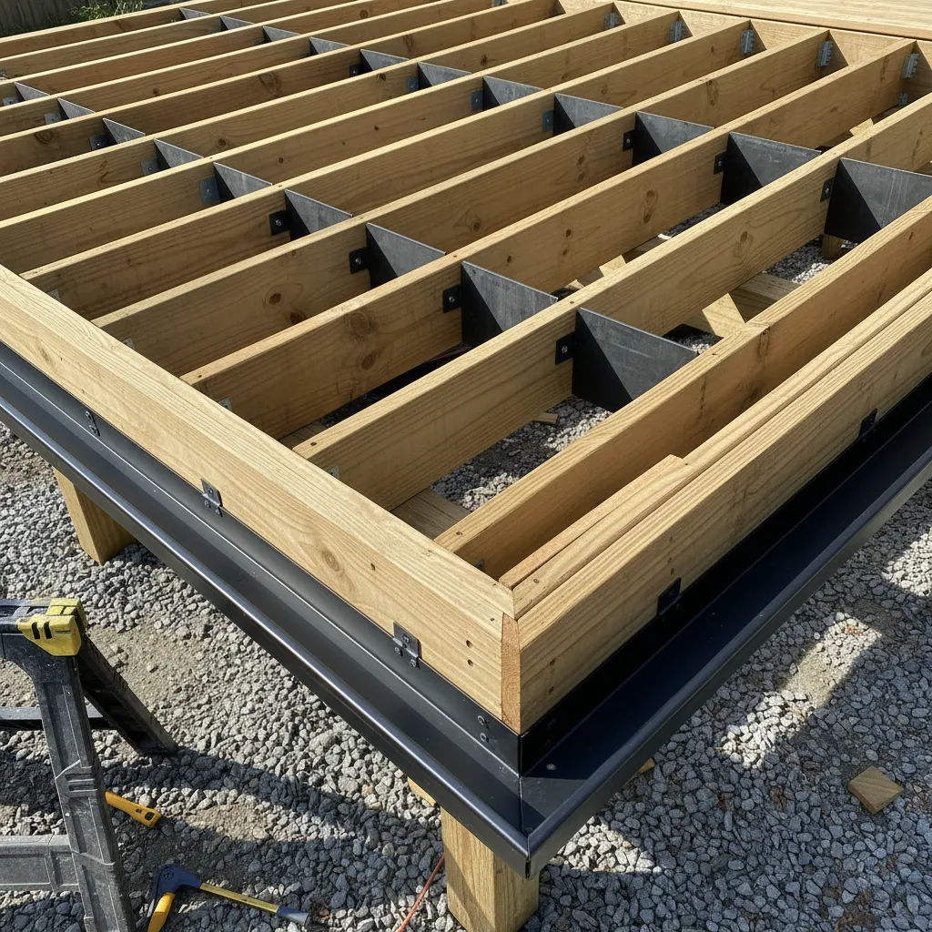 Structural view of deck framing with installed under deck drainage channels between joists