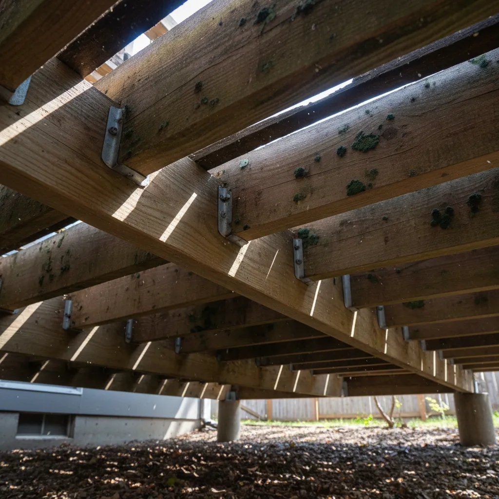 dark stains and moisture damage visible on deck joists under a deck ceiling
