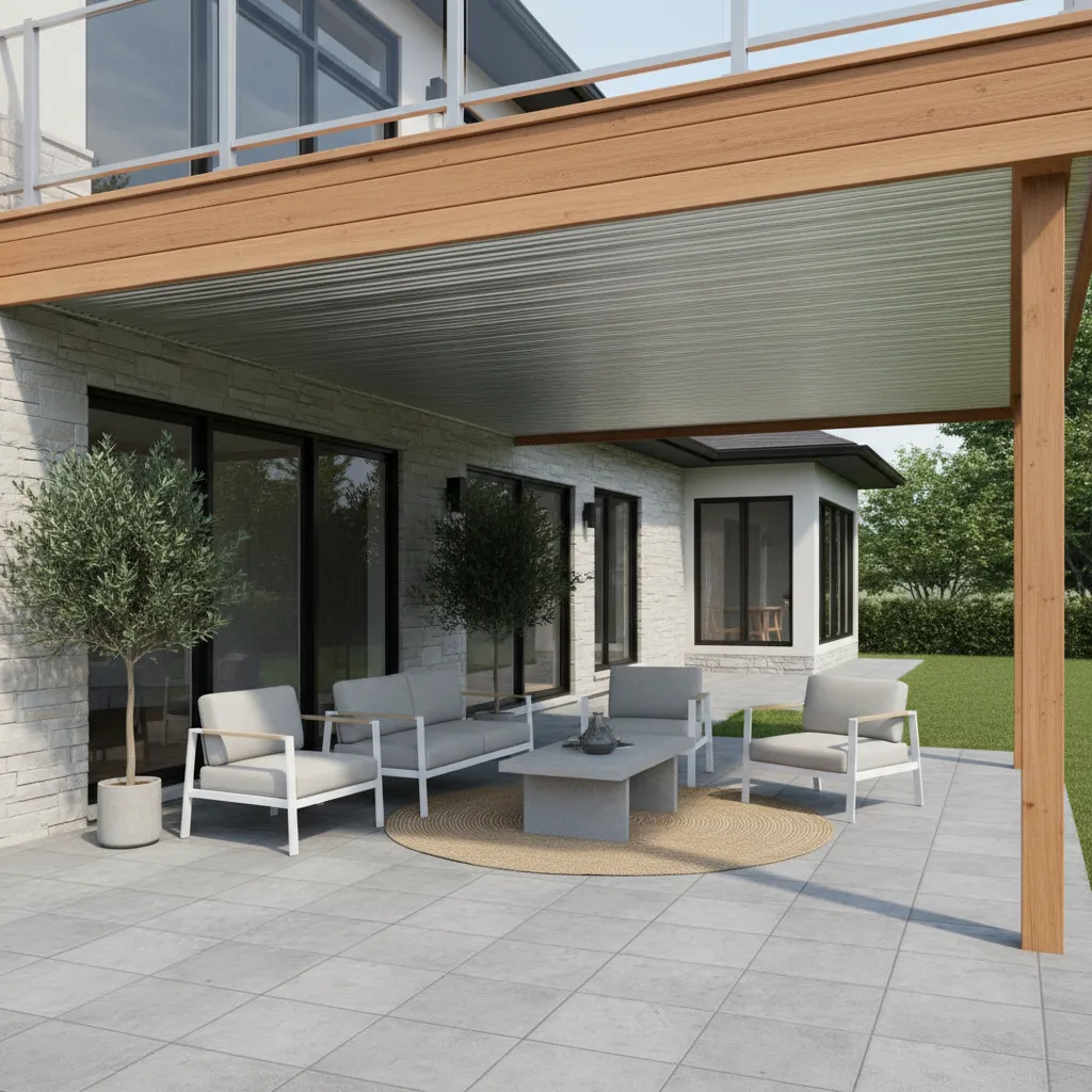 overview of under deck ceiling system installed beneath wooden deck structure