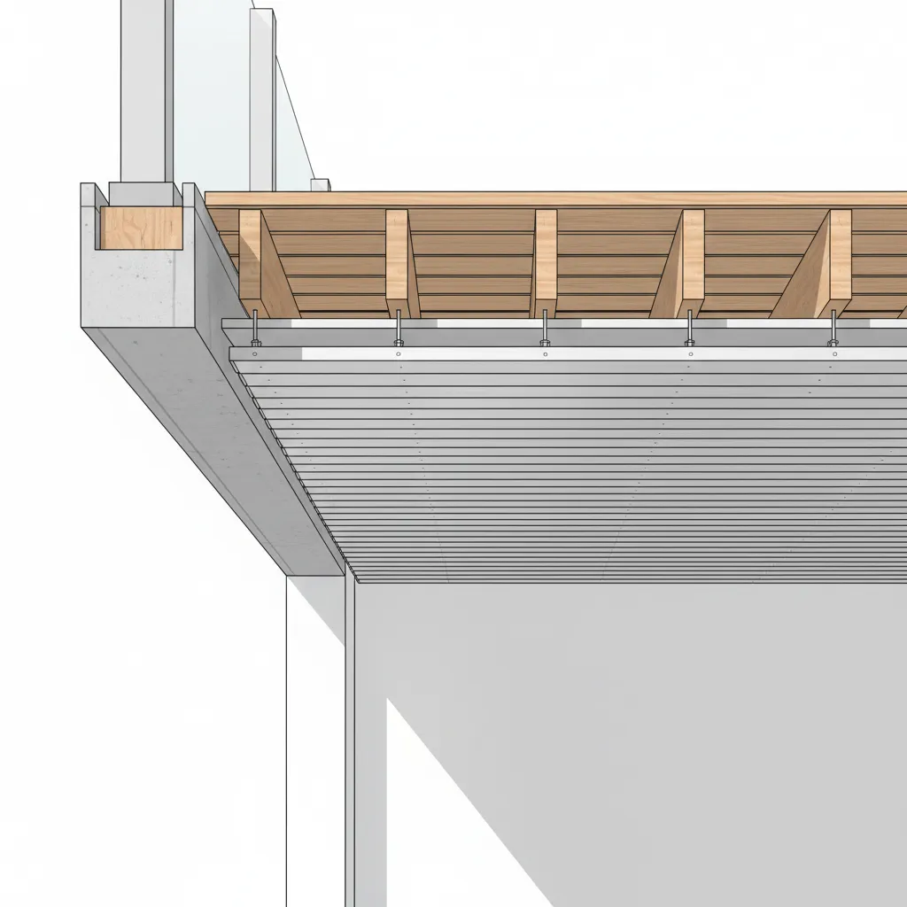 detail view of ventilation gap between under deck ceiling panel and joists