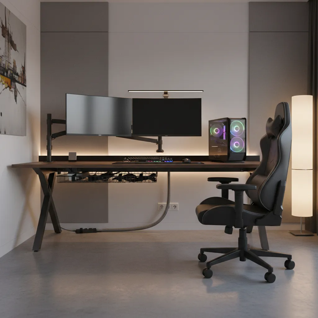 under desk cable tray organizing power strip and cables for gaming desk