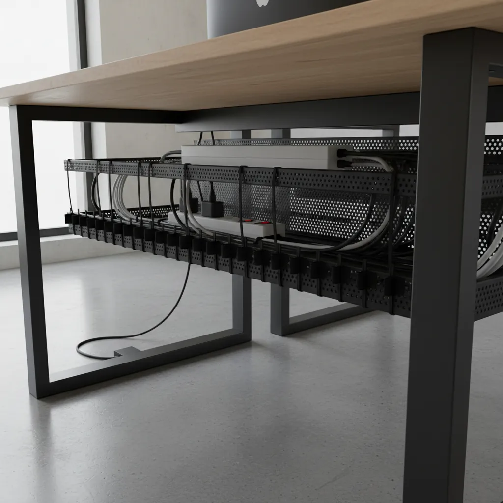 Under desk cable tray organizing power strip and cables