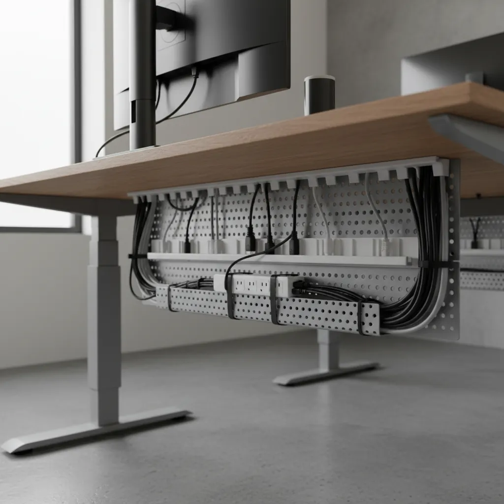 under desk cable tray organizing power strips and cables