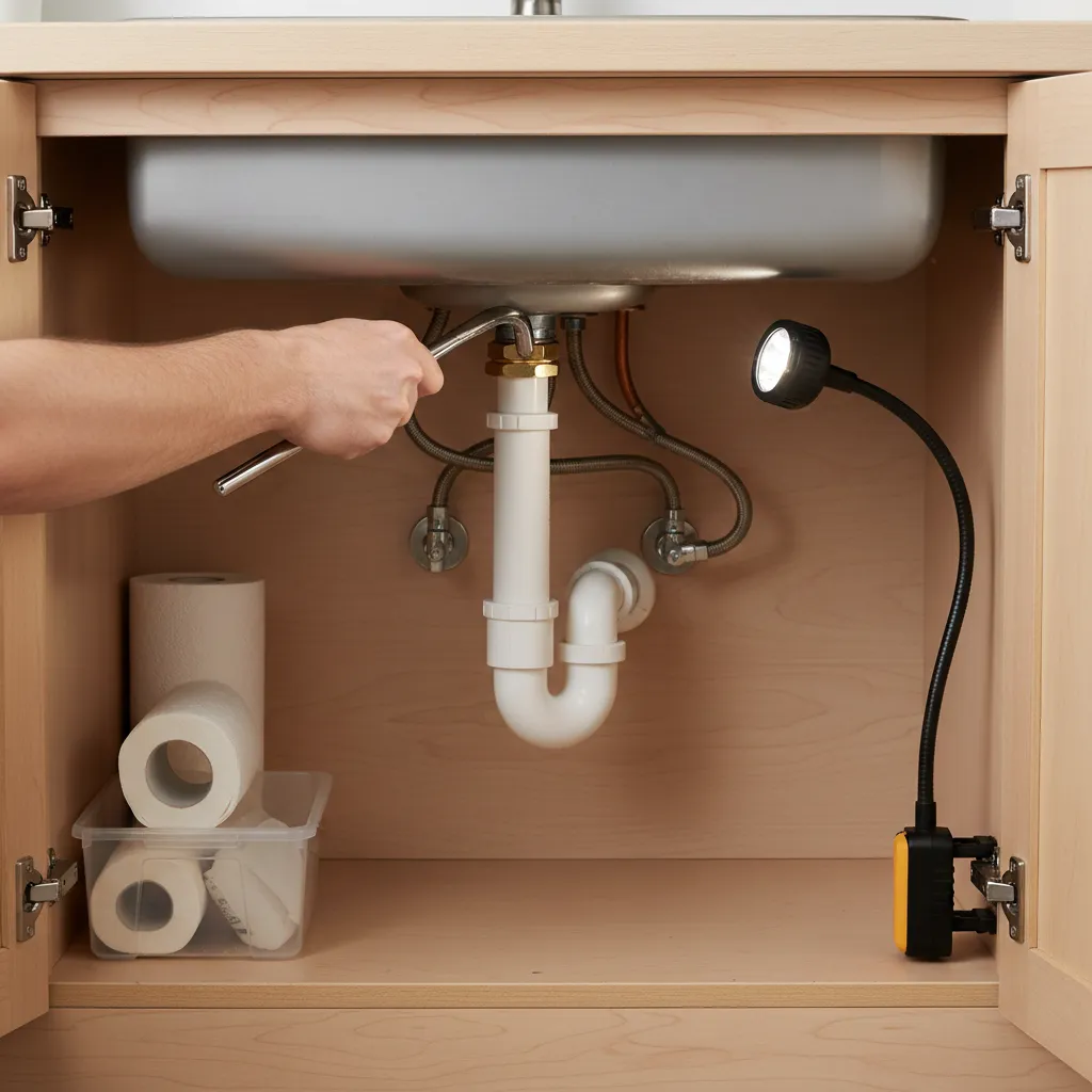 Using a basin wrench under the sink to loosen faucet mounting nut