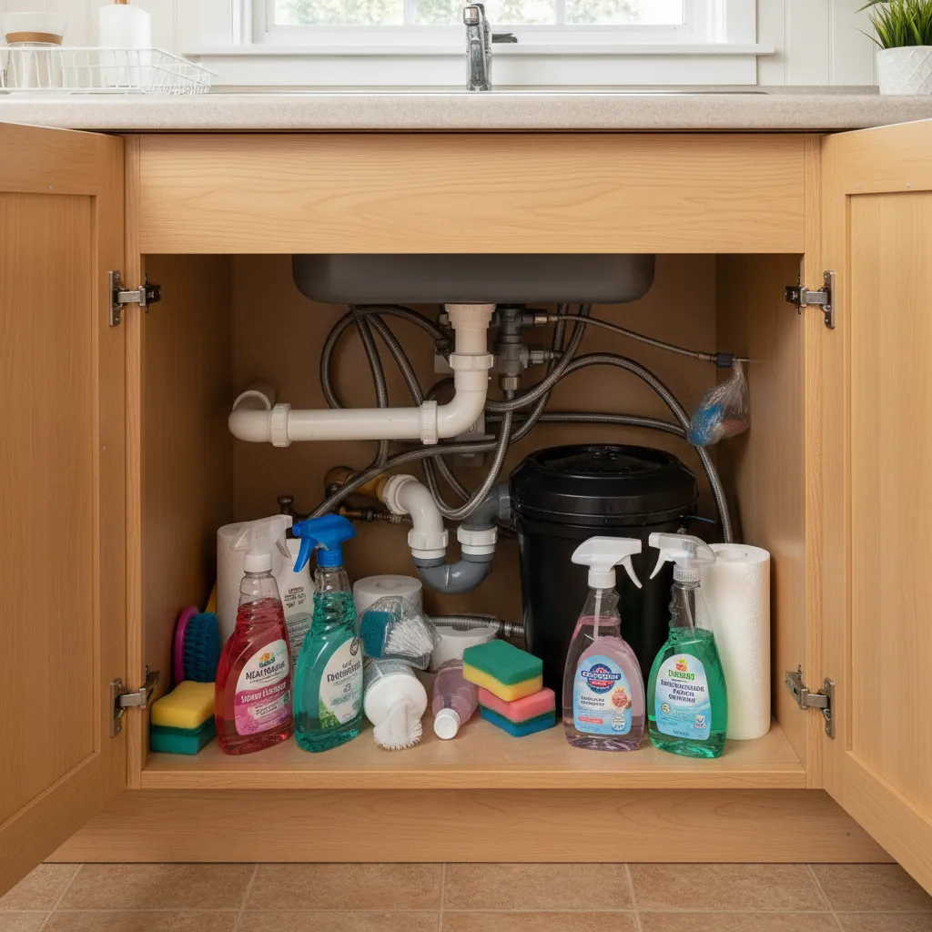 typical kitchen sink cabinet with pipes and cleaning supplies clutter