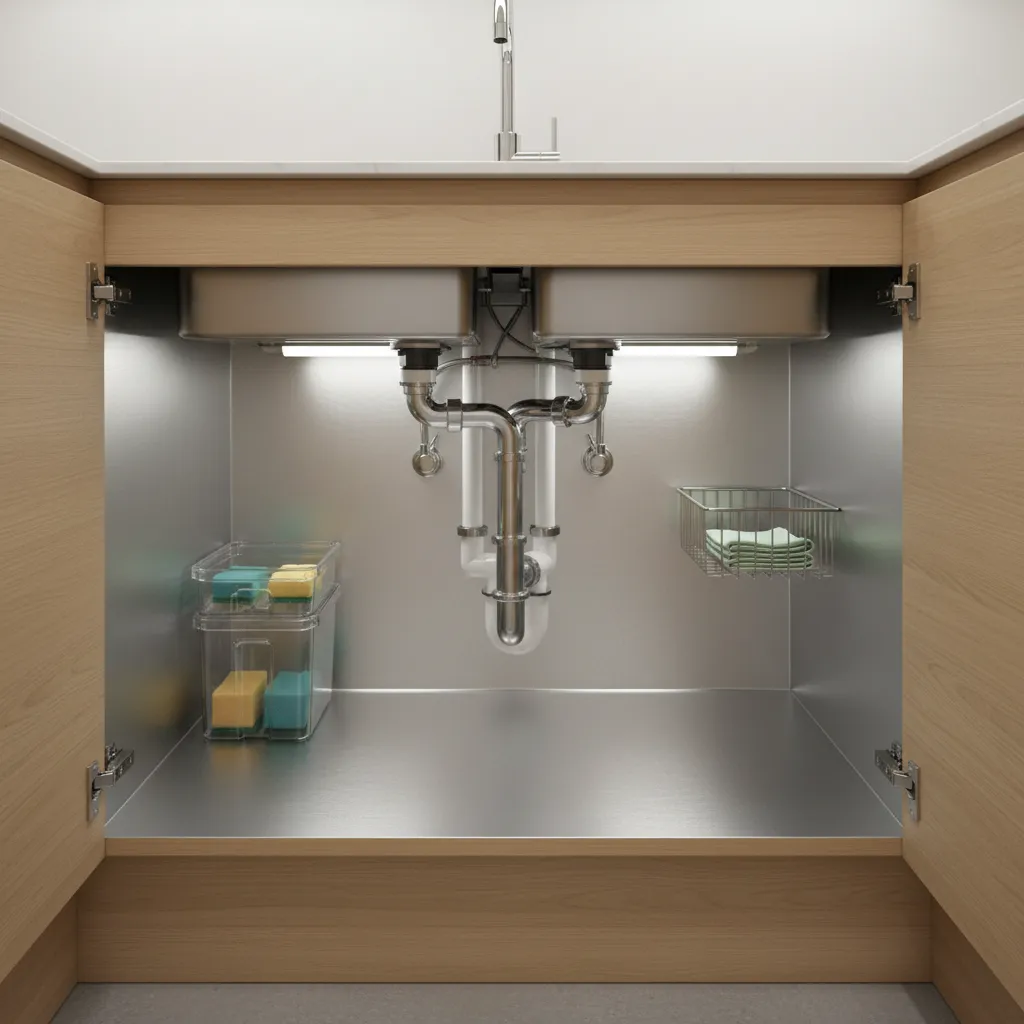Under sink cabinet with protective liner preventing plywood water damage