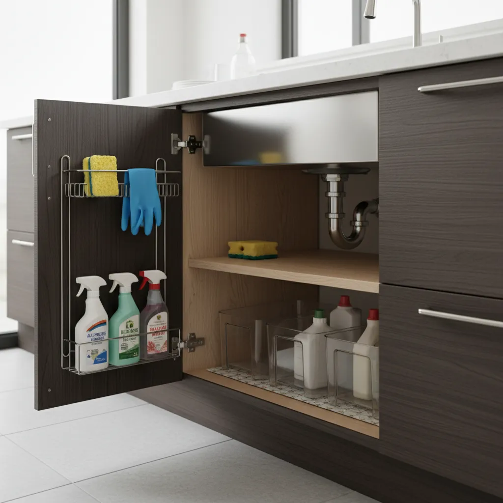 kitchen cabinet door mounted rack holding cleaning supplies