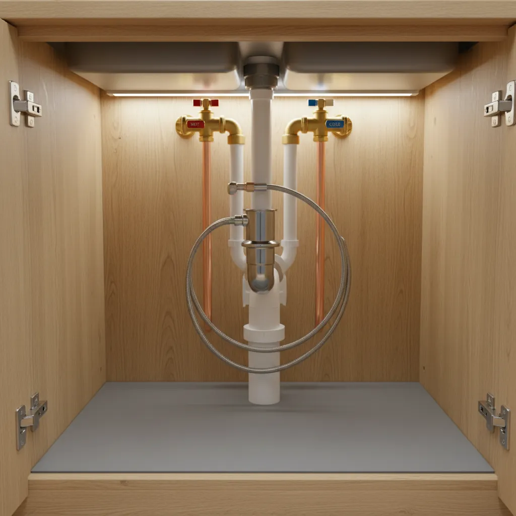 Plumbing system under a kitchen sink inside a wood cabinet showing copper pipes and valves