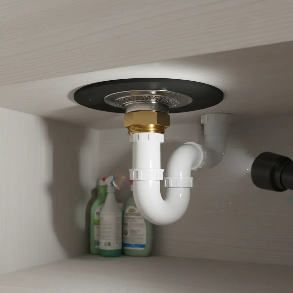 White plastic drain pipe and brass nut under a kitchen sink inside a wooden cabinet