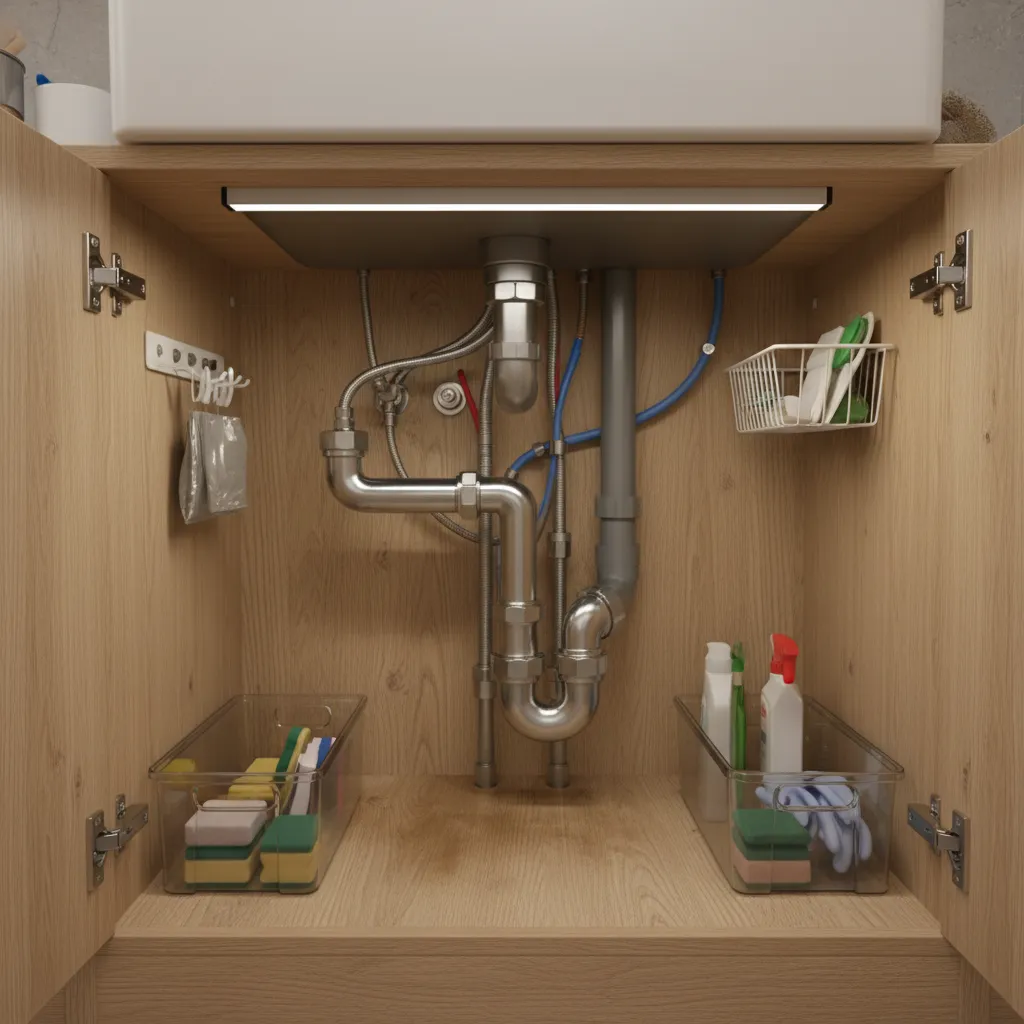 under sink cabinet showing plumbing and damp conditions that attract flies