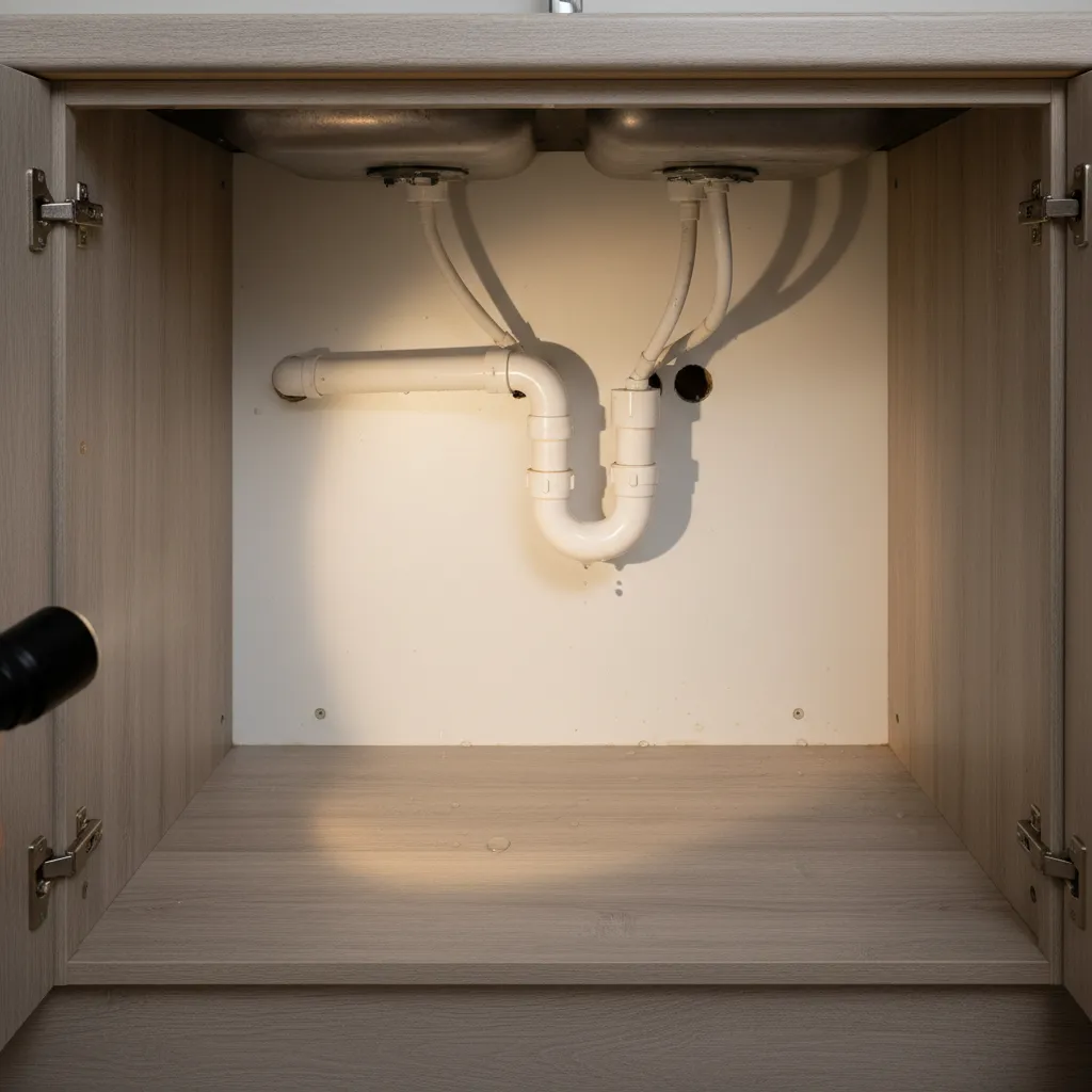 under sink cabinet with moisture that attracts kitchen gnats