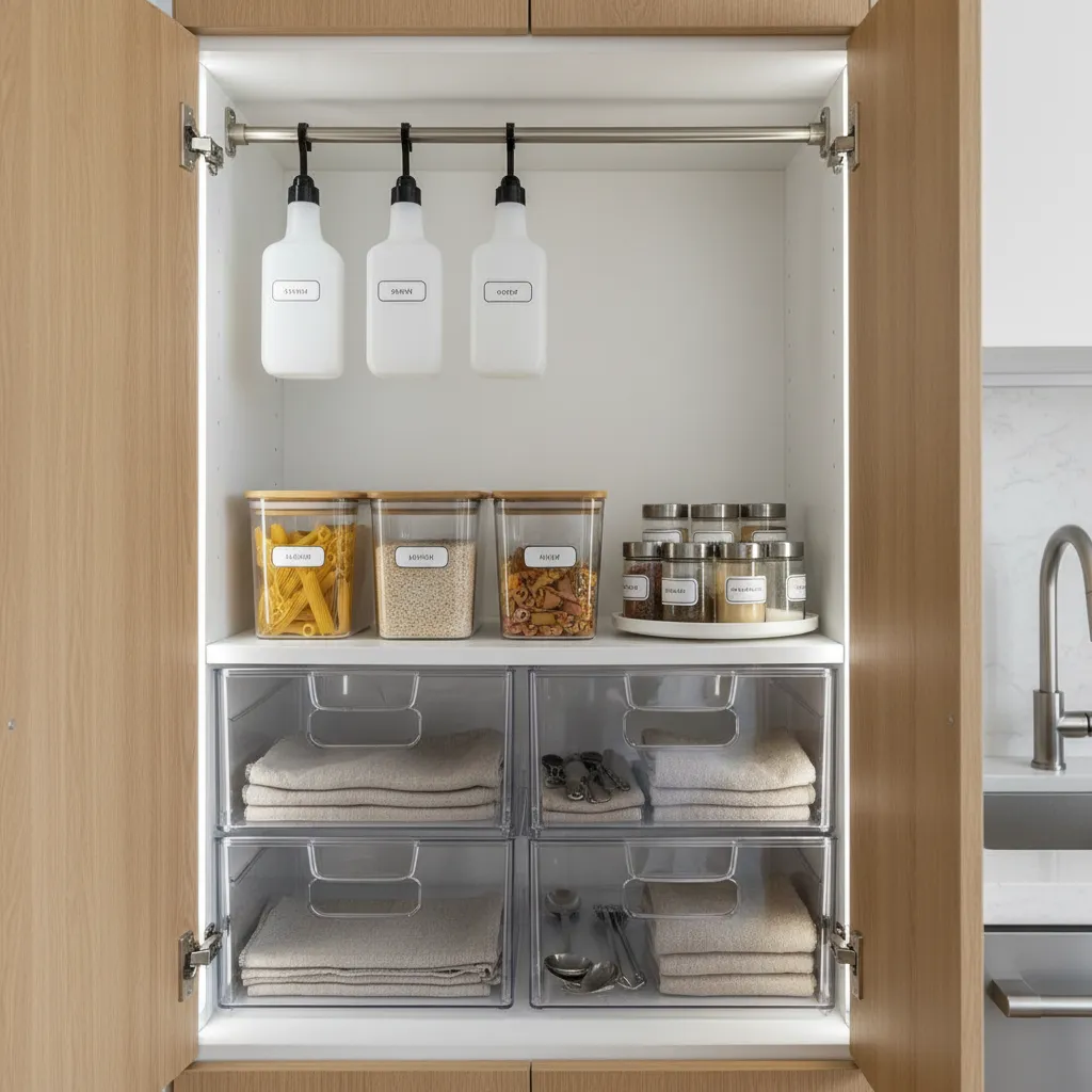 Various under sink kitchen organization tools like bins racks and tension rods