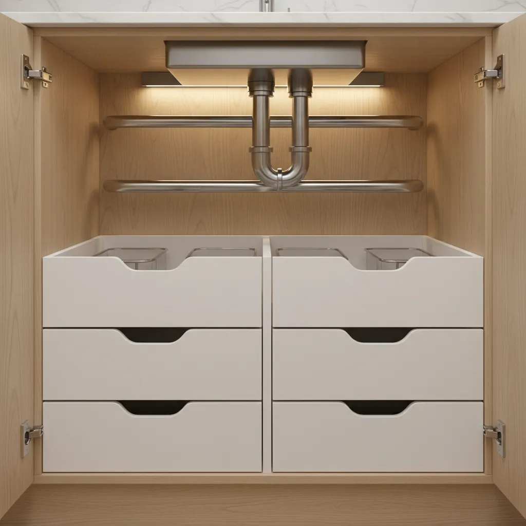 Under sink plumbing showing P-trap pipe in kitchen cabinet