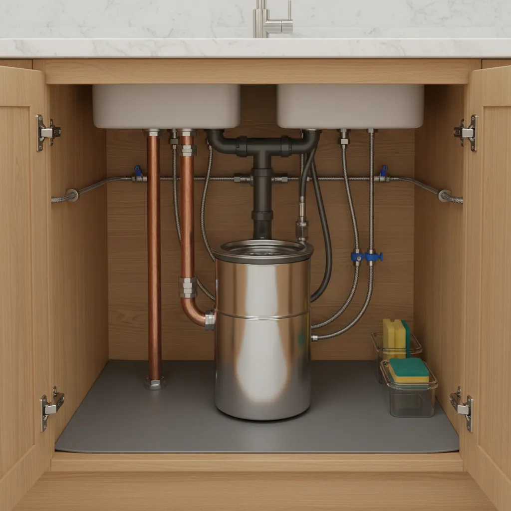 under kitchen sink plumbing pipes and garbage disposal layout
