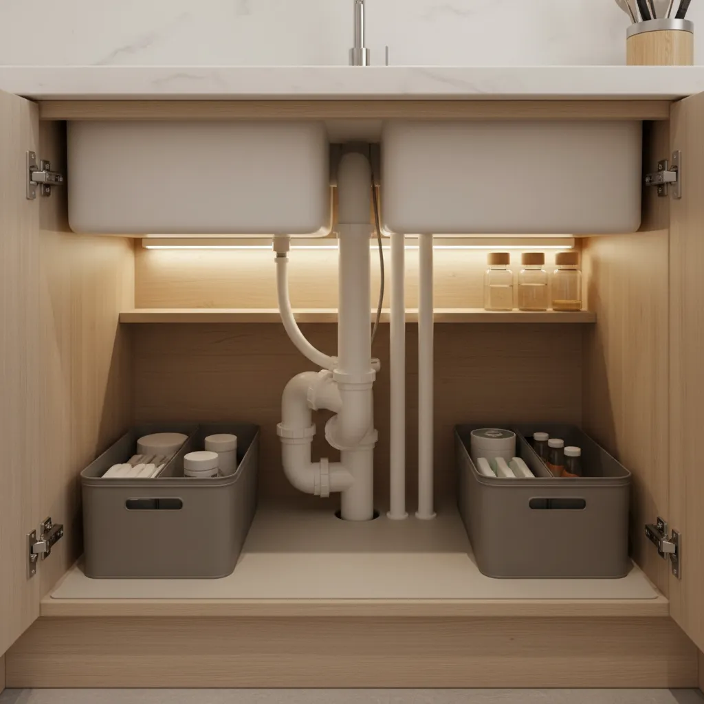 under sink plumbing showing p trap and drain pipes in kitchen cabinet